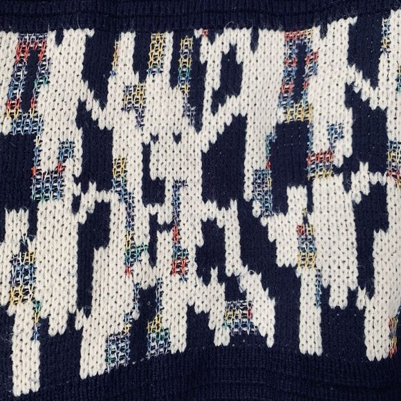 VTG Koman Sweater Cardigan Men XL Navy Blue Cream Abstract Button Grandpa Preppy - Picture 3 of 8